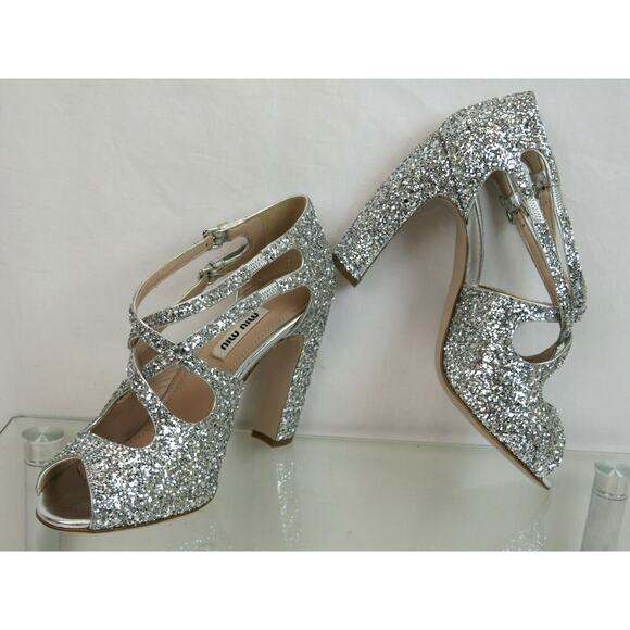 MIU MIU PRADA SILVER GLITTER LEATHER 5K880C BUCKLE CRISSCROSS PEEP TOE PUMPS 36 - Picture 4 of 12